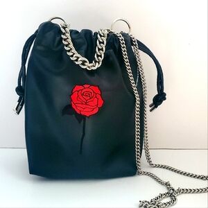 Silver Chain Black Bucket Crossbody Bag Embroidered Red Rose Tattoo Patch Chic